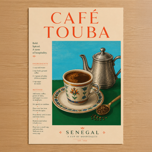 Café Touba posteri, Senegal'in geleneksel kahvesini sunan retro tasarım, dekoratif fincan ve demlemesi ile.