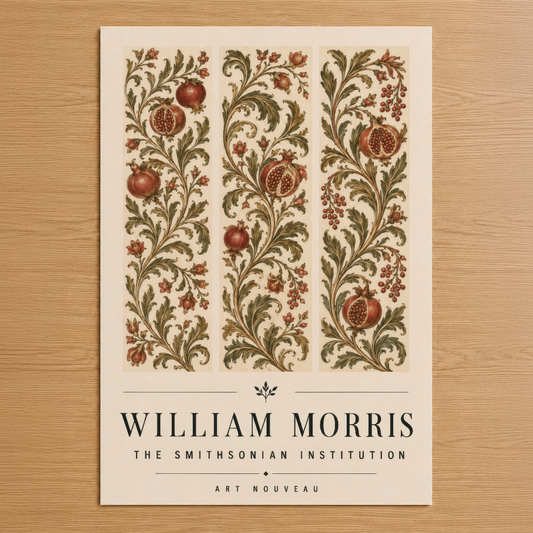 William Morris imzalı sanat nouveau tarzında, nar ve yapraklarla bezeli üç dikey panel motifli duvar tablosu.