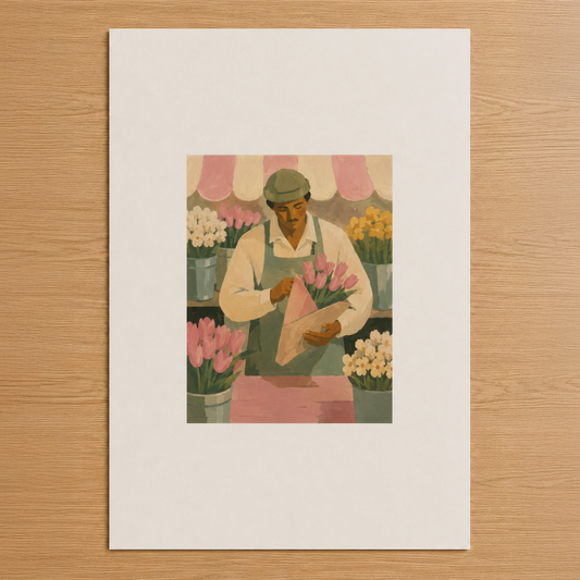 Çiçekçi figürü, pembe ve sarı çiçeklerle dolu bir vitrin tasarımı, retro sanat tarzında.