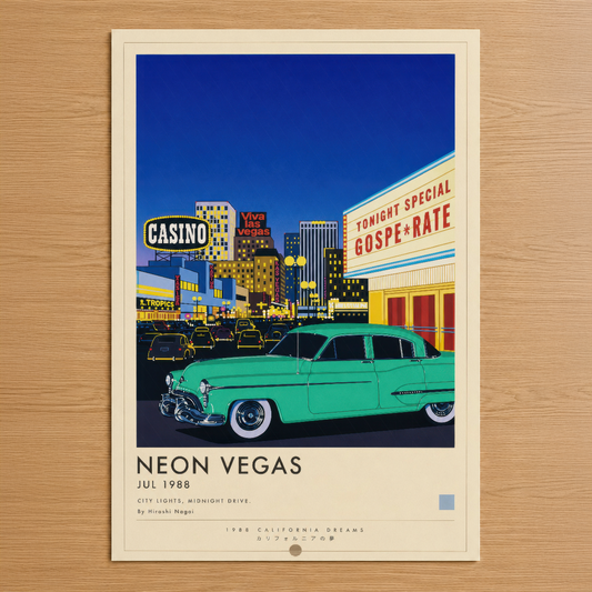 1988 Las Vegas'ın ikonik neon işaretleri ve turkuaz klasik otomobiliyle retro sanat stili poster.