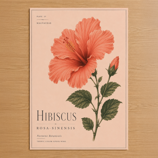 Vintage botanik tarzında mercan rengi hibiskus çiçeği, klasik sanat baskısı olarak sunulan zarif duvar tablosu.