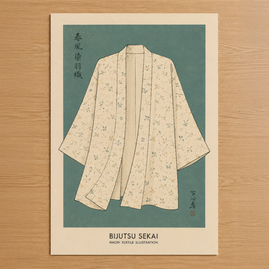 Haori tekstil tasarımı, krem rengi çiçek motifli, teal arka plan, Japon sanat tarzında duvar tablosu.