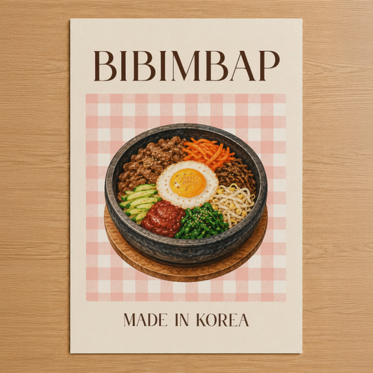 Bibimbap tablosu, pembe kareli zemin üzerinde Kore yemeğinin sembolik görüntüsü, şık minimalist tasarım.