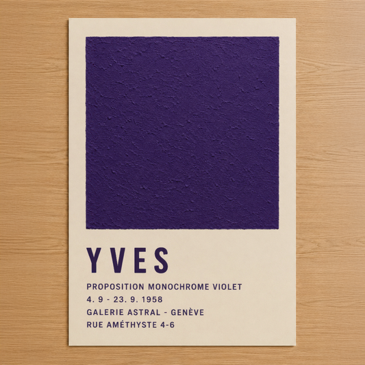 Yves Klein'ın ikonik mor monokrom sanat posterinin 1958 Cenevre galeri sergisine atıfta bulunan minimal tasarımı.