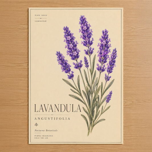 Botanik tarzında lavanda çiçeği ilustrasyonu, vintage bilimsel poster tasarımı, krem zemin üzerinde mor çiçek buketleri.