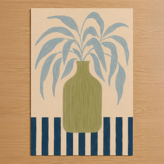 Mavi yapraklı bitki motifi ve çizgili desen içeren minimalist sanat tablosu, krem ve yeşil tonlarında.