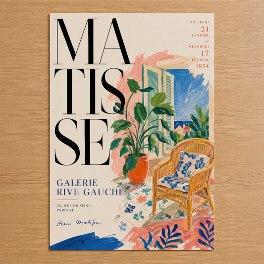 Matisse sergisi posteri, 1954 Galerie Rive Gauche etkinliği, renkli iç mekan tasarımı ve botanik motifli sanat tablosu.