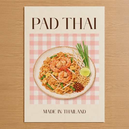 Pad Thai posteri, parlak su şekeri deseni arka planında, çıtır kuş evi noodleları ve karides ile Tayland lezzetinin sanat