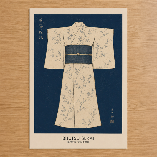Şık çiçek desenli kimono tasarım, lacivert fonda beyaz çerçeveli sanat posterinde japonca yazılarla.