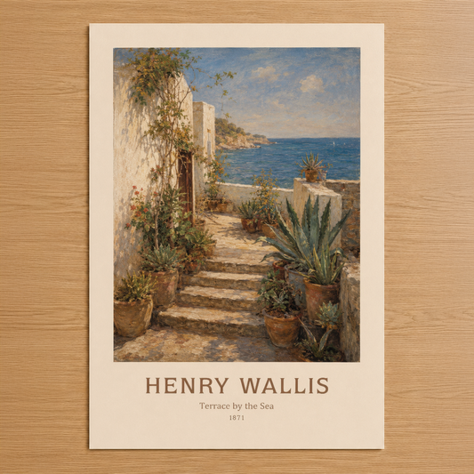 Henry Wallis'in 1871 yapıtı Deniz Kenarındaki Teras, ivy sarılı taş merdivenler ve Akdeniz manzarasının yer aldığı romantik
