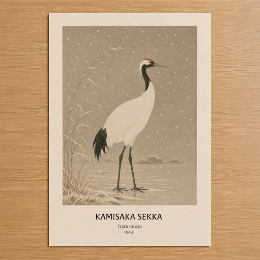 Kamisaka Sekka'nın klasik japon sanat tarzında, kar yağan kış ortamında zarif bir turna kuşunu tasvir eden poster.