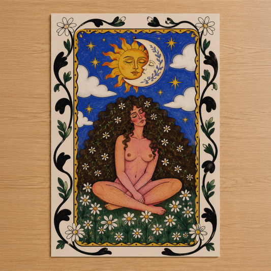 Güneş ve ay figürlü boho sanat tablosu, çiçek motifli dekoratif çerçeve ve renkli illüstrasyon içeriyor.