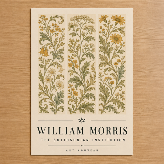 William Morris tasarımlı botanik tablo, altın sarısı çiçek ve yeşil yapraklarla süslenmiş Art Nouveau stilinde üç dikey