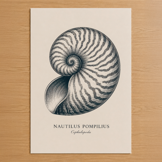 Nautilus Pompilius motifli klasik doğa bilimi tarzı duvar tablosu, spiral kabuğun detaylı gravür sanatı.