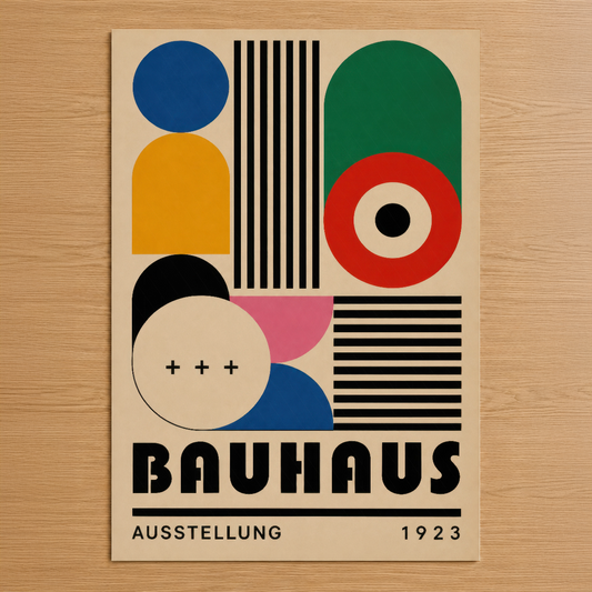 Bauhaus 1923 sergisi afişi, canlı renkli geometrik şekiller ve siyah çizgilerle soyut tasarım sanatı.