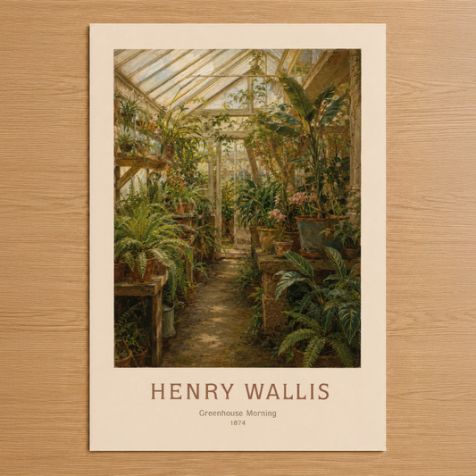 Henry Wallis'in 1874 tarihli Sera Sabahı tablosu, sera içinde yeşil bitkilerle dolu nostaljik bir manzara gösteriyor.