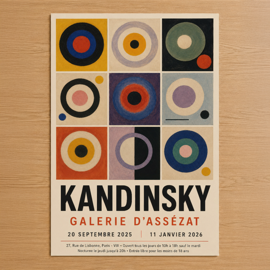 Kandinsky'nin ikonik geometrik daire kompozisyonlarından oluşan sanat posteri, canlı renkler ve soyut tasarımıyla.