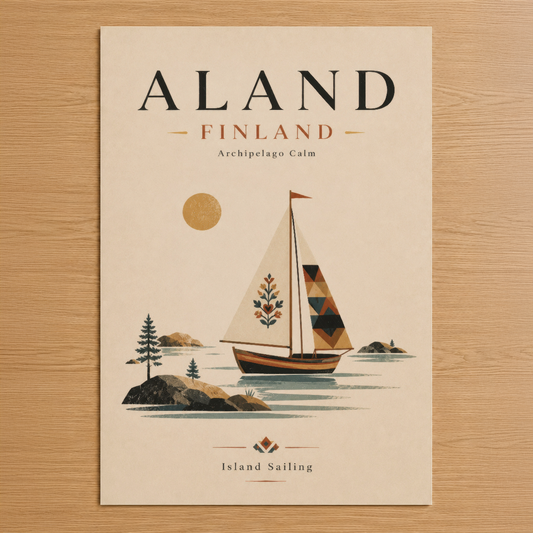 Åland Finlandiya temalı minimalist poster, yelkenli tekne ve adalar motifiyle kendi tasarımı.