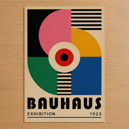 1923 Bauhaus sergisi tasarımı, geometrik şekiller ve canlı renklerle sanat tarihi posterinin zarif gösterimi