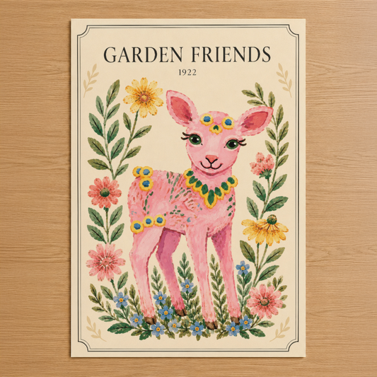 Vintage tarzı Garden Friends posteri, pembe geyik ve renkli çiçekler, 1922 tasarımı