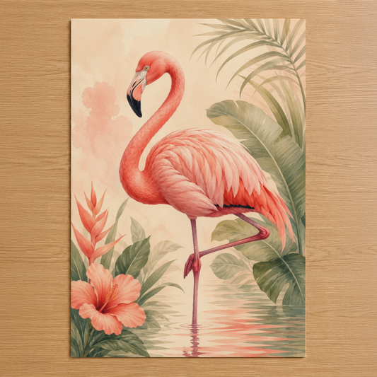Suluboya tarzında pembe flamingo, tropikal çiçek ve palmiye yapraklarıyla tasarlanmış zarif duvar tablosu.