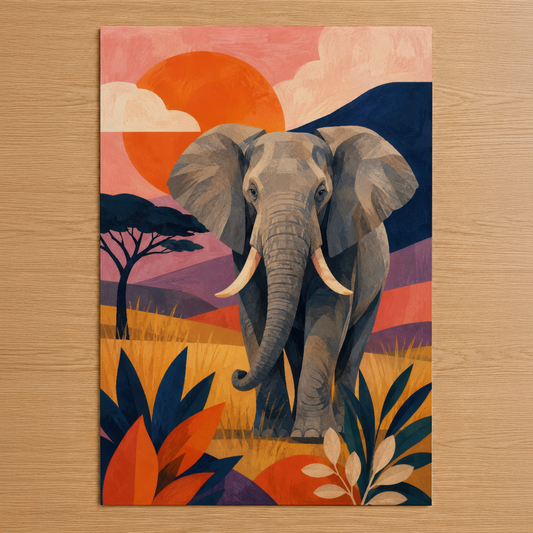 Afrikalı fil motifli sanat posteri, gün batımı arka planında çarpıcı turuncu, lacivert ve sarı renk paleti ile.