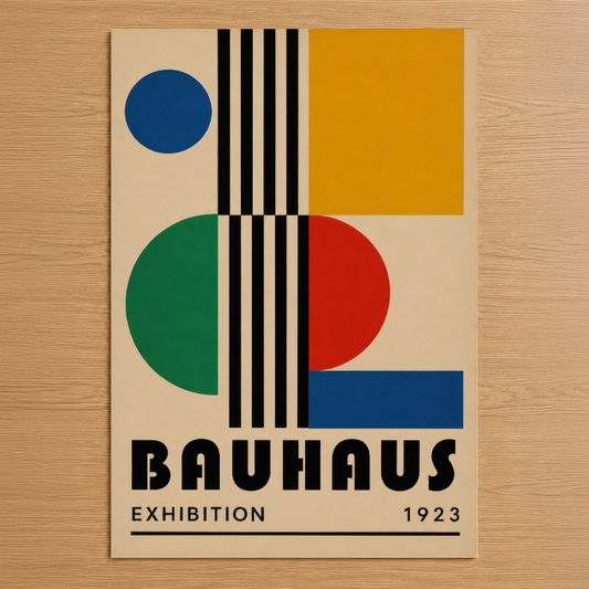 1923 Bauhaus sergi afişi tasarımı, geometrik şekiller ve canlı renklerle soyut modernist sanat tablosu.