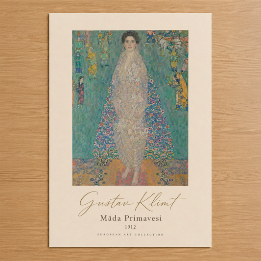 Klimt'in ikonik Mâda Primavesi tablosu, turkuaz zemin üzerine çiçekli elbiseli kadın portresiyle sanat koleksiyonunuza