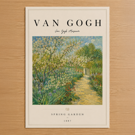 Van Gogh'un ikonik Bahar Bahçesi tablosu, çiçek açan ağaçlar ve canlı yeşilliklerle dolu sakin bir bahçe yolunu resimleyen