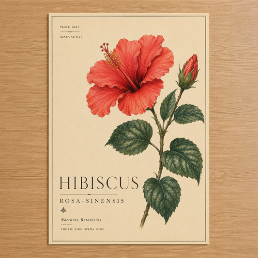 Vintage botanik tarzı hibiskus çiçeği posteri, krem zemin üzerinde detaylı kırmızı çiçek ve yeşil yapraklar.