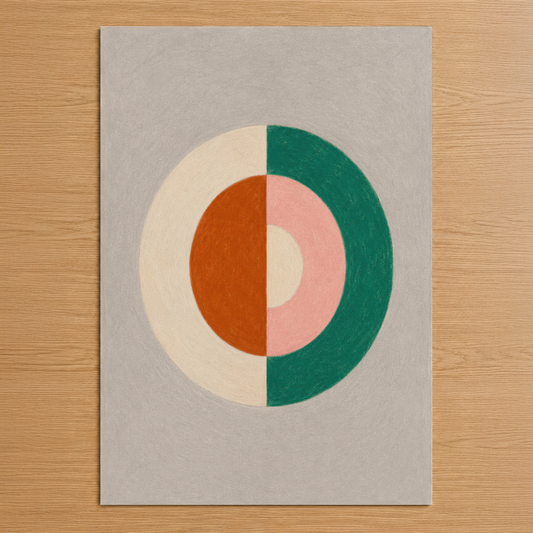 Geometrik tasarımla hazırlanmış, renkli çemberlerden oluşan minimalist duvar tablosu sanat eseri.