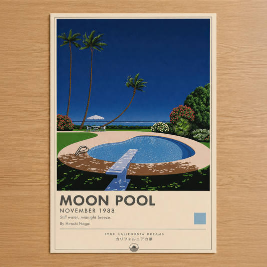 Retro esintili Moon Pool tablosu, gündüz mavisi gökyüzü altında lüks havuz ve palmiye ağaçlarını resmeden 1988 California