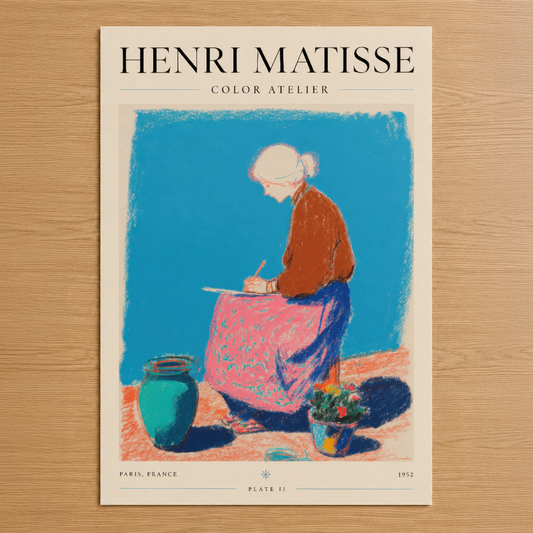 Matisse Color Atelier, 1952 sanat baskısı, canlı mavi fonda kırmızı elbiseli ressam figürü ve renkli atölye aksesuarları