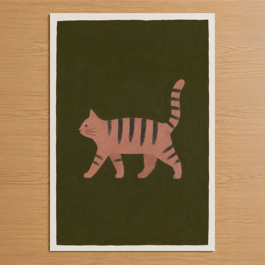 Pembe çizgili kedi deseni, koyu yeşil zeminle modern ve minimalist duvar posteri