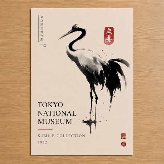 Tokyo Müzesi koleksiyonundan ilham alan, siyah ve beyaz mürekkep stilinde zarif turna motifli sanat tablosu.