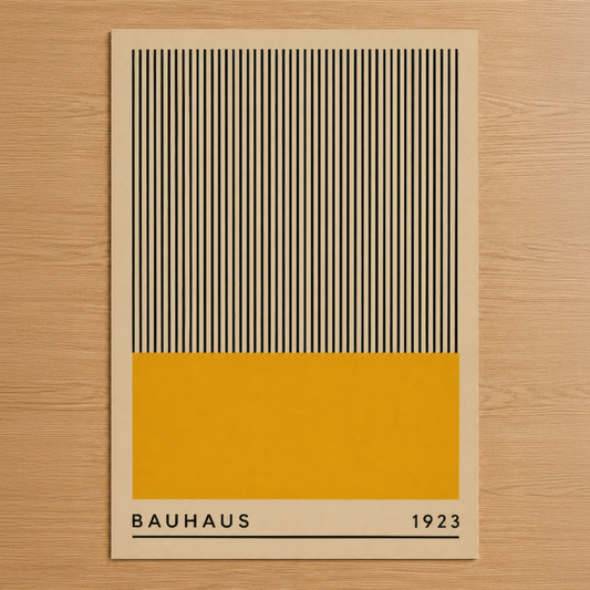1923 Bauhaus tarzı poster, çizgisel desenler ve altın sarısı blok renkle minimalist tasarım