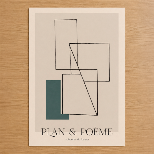 Plan & Poème tablosu, geometrik şekiller ve teal renkli dikdörtgen detaylarla minimal tasarım sunar.
