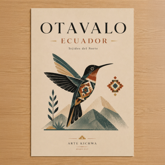 Otavalo Ecuador temalı, etnik geometrik desenleriyle dekoratif kuş tasarımı ve dağ manzarası.