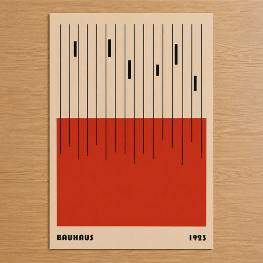 Bauhaus 1923 tasarımıyla, krem zemininde siyah çizgiler ve canlı kırmızı alan içeren minimalist geometrik sanat tablosu.