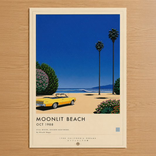 Moonlit Beach posteri, sarı klasik araç ve palmiye ağaçlarıyla 1988 California sahil sahnesi.