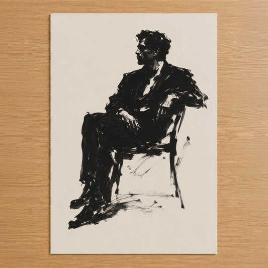 Cesur siyah çizgilerle oturmuş bir adamın portresi, minimalist ve etkileyici sanat tablosu.