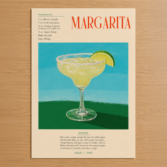 Klasik margarita kokteyline adanmış retro stil poster, malzeme listesi ve hazırlama talimatlarıyla.