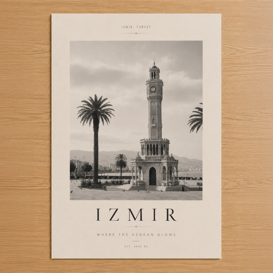 İzmir Saatkulesi siyah beyaz poster, palmiye ağaçları ve Ege mimarisiyle nostaljik tasarım.