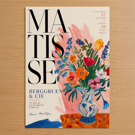 Matisse çiçek buketinin artistik posteri, parlak renkli çiçeklerle sanat sergisi afişi.