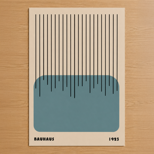 Bauhaus tarzında soyut tasarım, mavi geometrik form ve dikey çizgiler içeren minimalist poster.