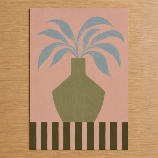 Pembe zemin üzerinde mavi yapraklı bitkinin yer aldığı, yağlı boya tarzı minimalist duvar tablosu.