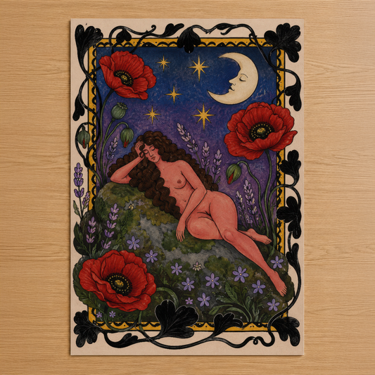 Gece gökyüzü ve kırmızı gelinciklerle çevrili, ay ışığında uyuyan kadın figürünü tasvir eden sanat tablosu.