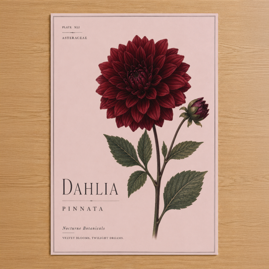 Botanik tarzında Dahlia Pinnata çiçeği, pembe arkaplan üzerinde klasik sanat illüstrasyonu.