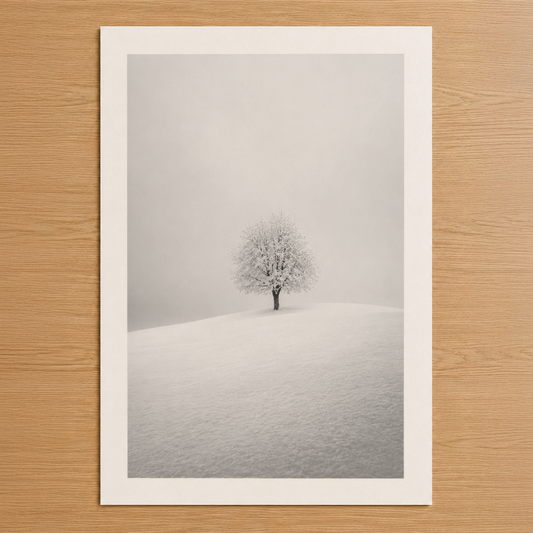Minimalist kış manzasında yalnız ağaç, buzlu çimen ve puslu gökyüzü ile sessiz doğanın poetik portresi.