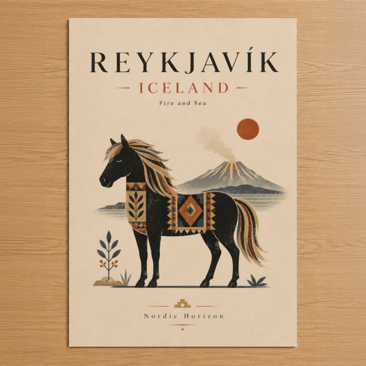 İzlanda'nın ateş ve denizini tasvir eden İskandinav tarzı Reykjavik posteri, dekoratif atı ve volkan manzarasıyla.